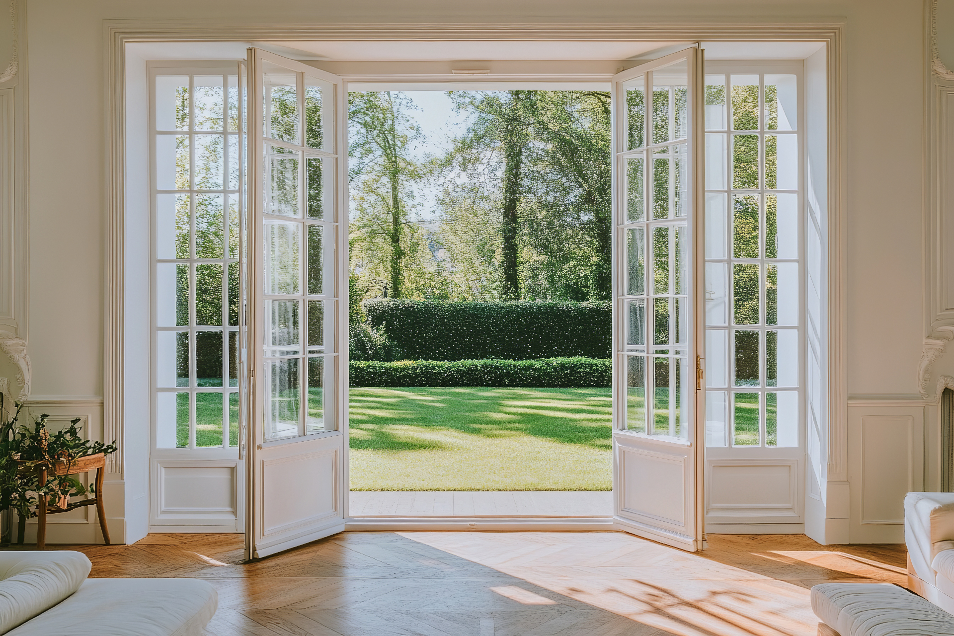 Elegant open french doors looking out to a sunlit garden